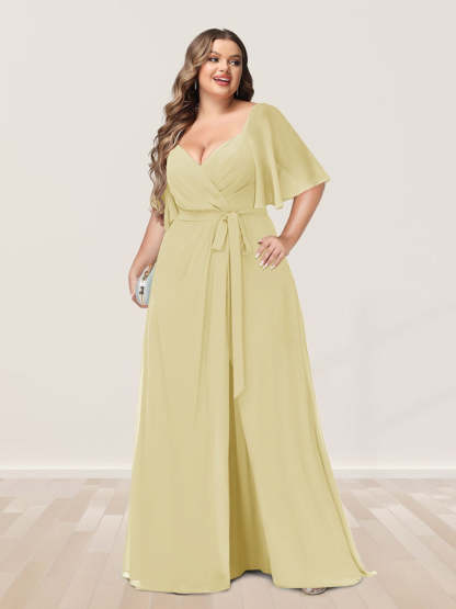 Plus Size V-Neck A-Line Bridesmaid Dress with Side Split and Half Sleeves