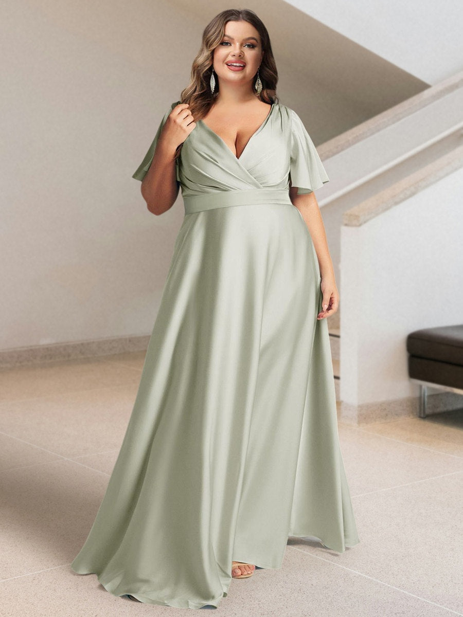 Plus Size Silk Satin Bridesmaid Dress with Pockets – A-Line Princess V-Neck Short Sleeves