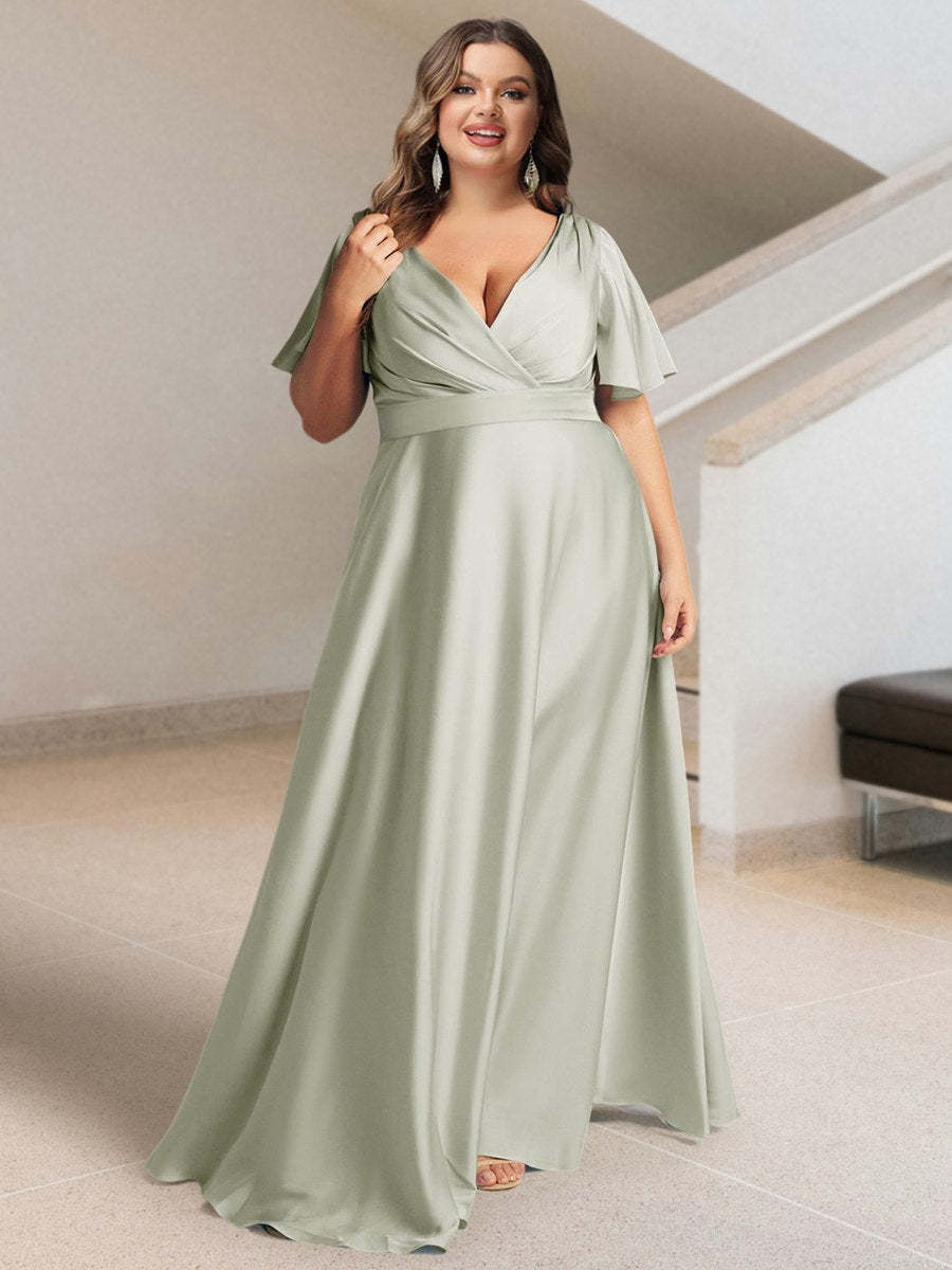 Plus Size Silk Satin Bridesmaid Dress with Pockets – A-Line Princess V-Neck Short Sleeves