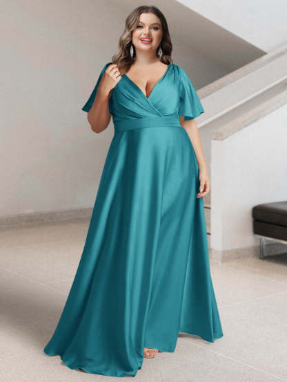 Plus Size Silk Satin Bridesmaid Dress with Pockets – A-Line Princess V-Neck Short Sleeves