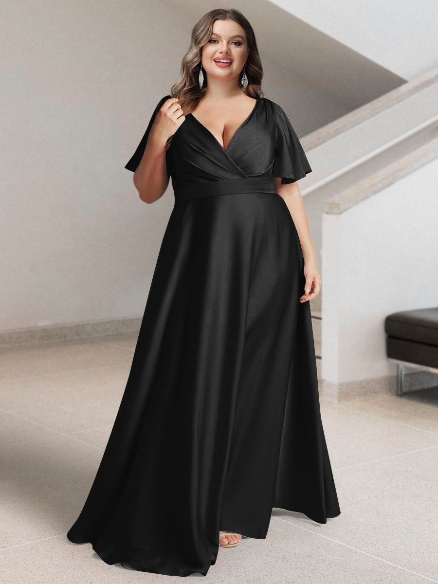 Plus Size Silk Satin Bridesmaid Dress with Pockets – A-Line Princess V-Neck Short Sleeves