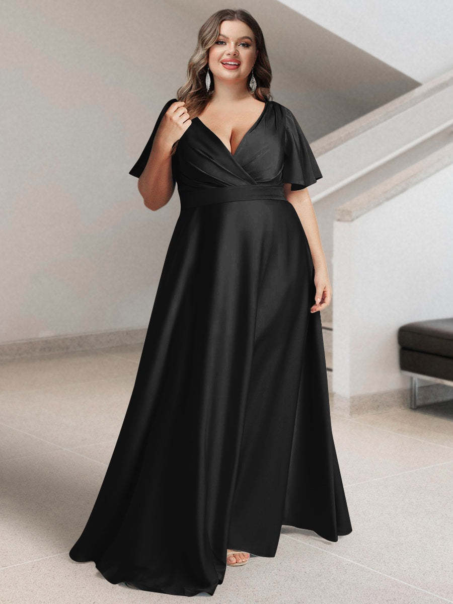 Plus Size Silk Satin Bridesmaid Dress with Pockets – A-Line Princess V-Neck Short Sleeves
