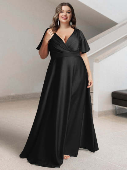 Plus Size Silk Satin Bridesmaid Dress with Pockets – A-Line Princess V-Neck Short Sleeves
