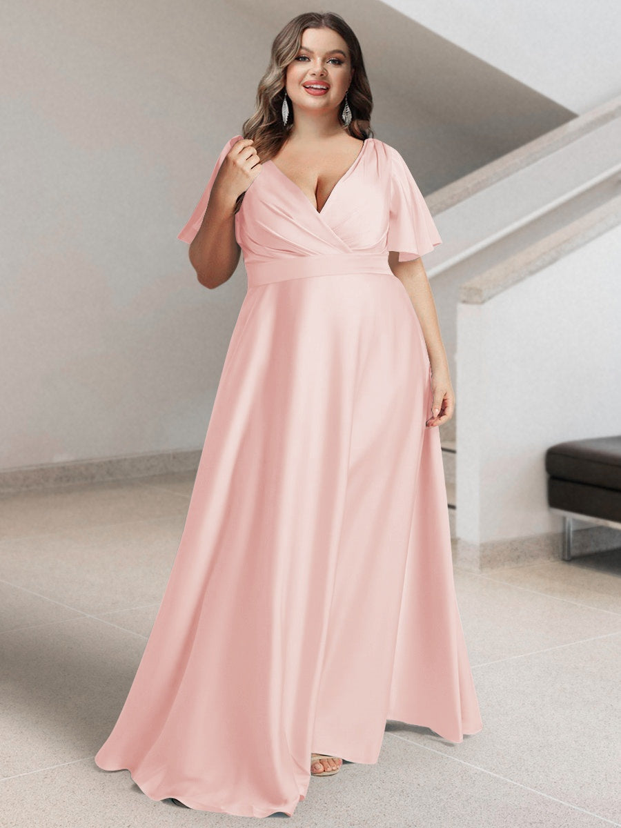 Plus Size Silk Satin Bridesmaid Dress with Pockets – A-Line Princess V-Neck Short Sleeves