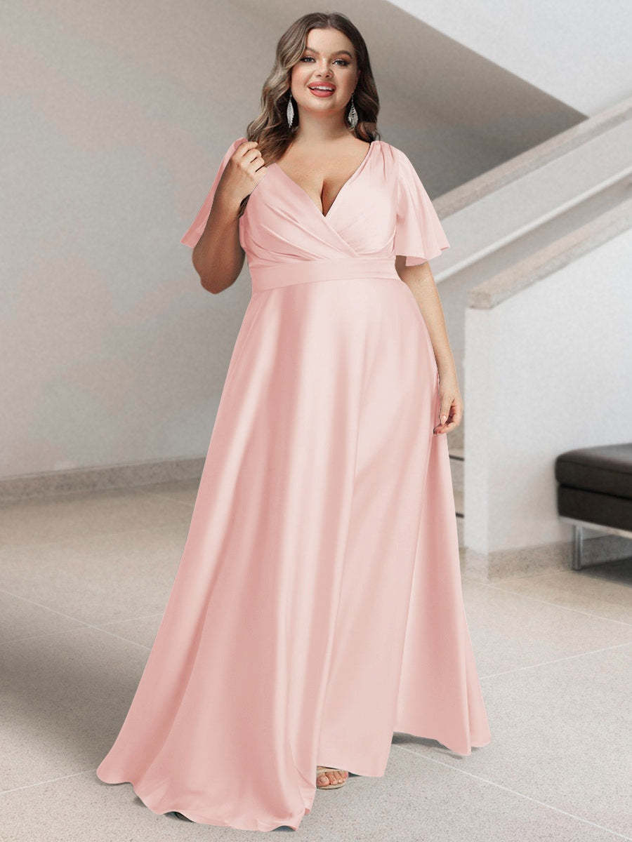 Plus Size Silk Satin Bridesmaid Dress with Pockets – A-Line Princess V-Neck Short Sleeves
