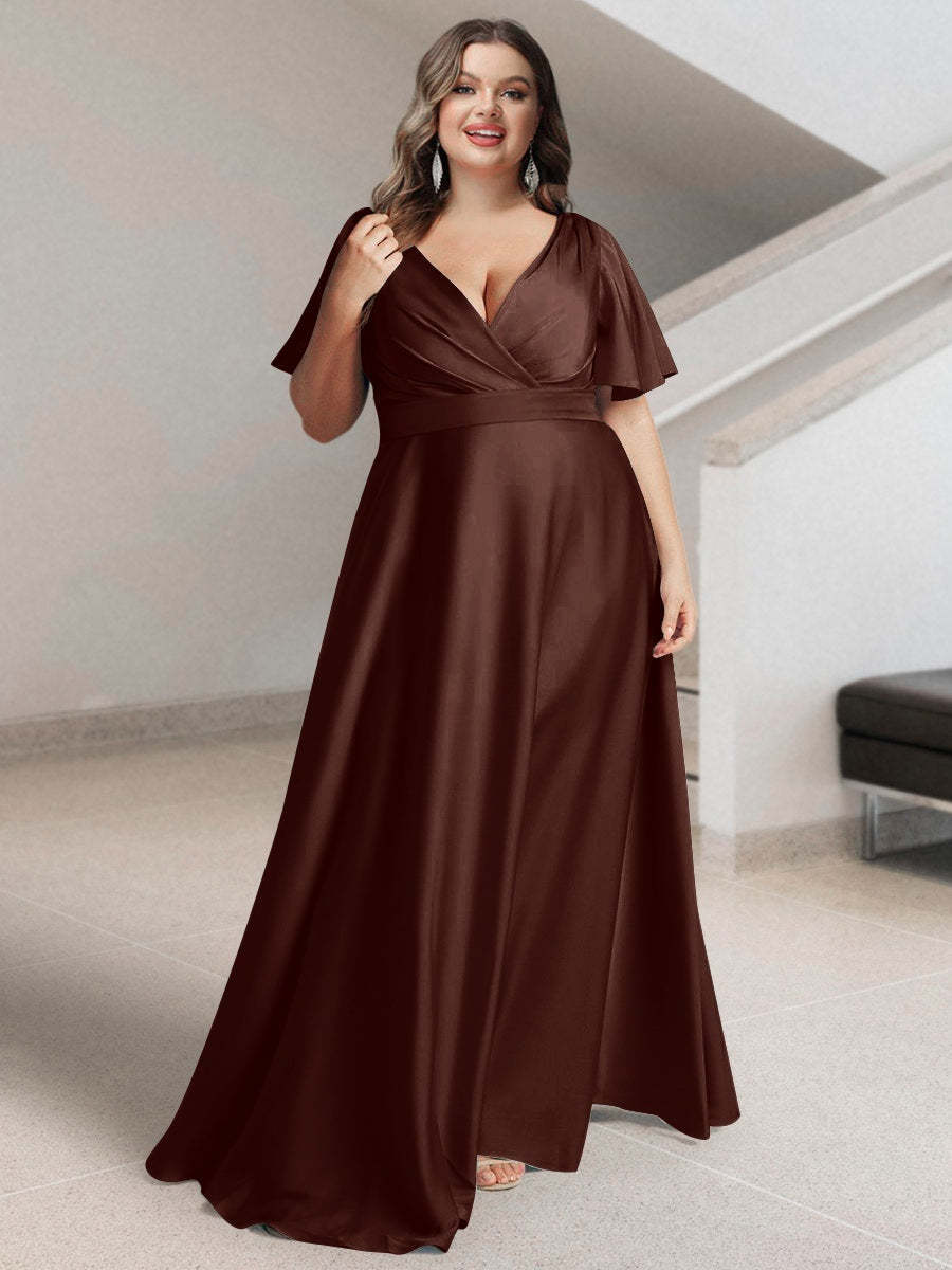 Plus Size Silk Satin Bridesmaid Dress with Pockets – A-Line Princess V-Neck Short Sleeves