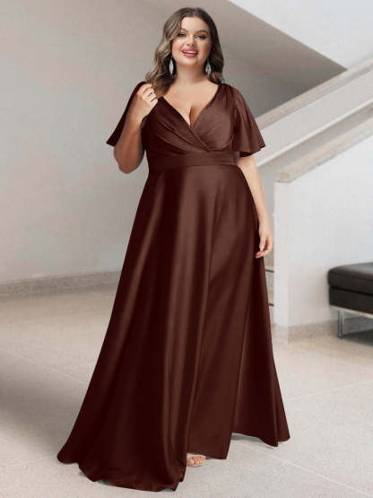 Plus Size Silk Satin Bridesmaid Dress with Pockets – A-Line Princess V-Neck Short Sleeves