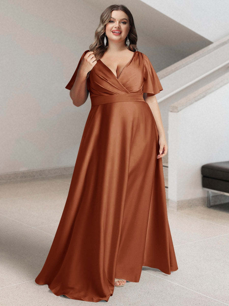 Plus Size Silk Satin Bridesmaid Dress with Pockets – A-Line Princess V-Neck Short Sleeves