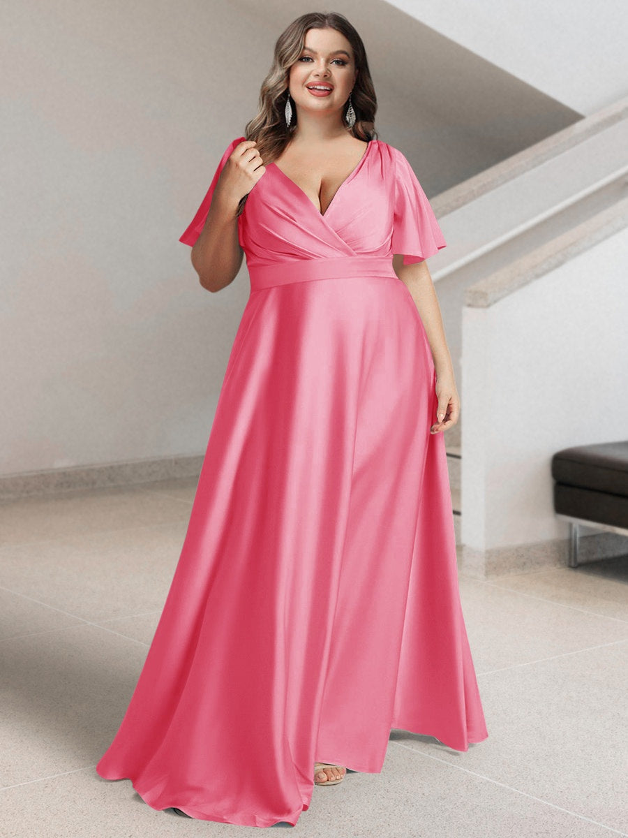 Plus Size Silk Satin Bridesmaid Dress with Pockets – A-Line Princess V-Neck Short Sleeves