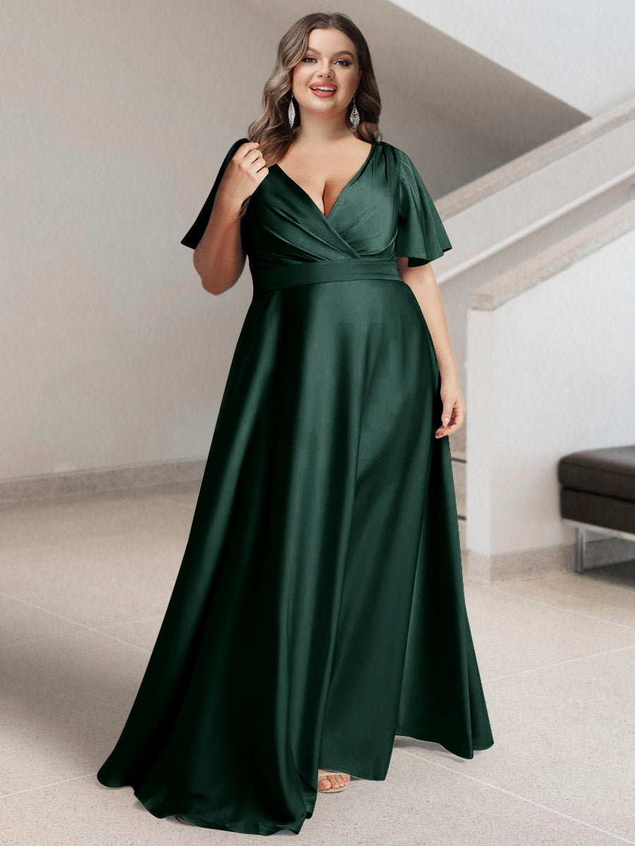 Plus Size Silk Satin Bridesmaid Dress with Pockets – A-Line Princess V-Neck Short Sleeves