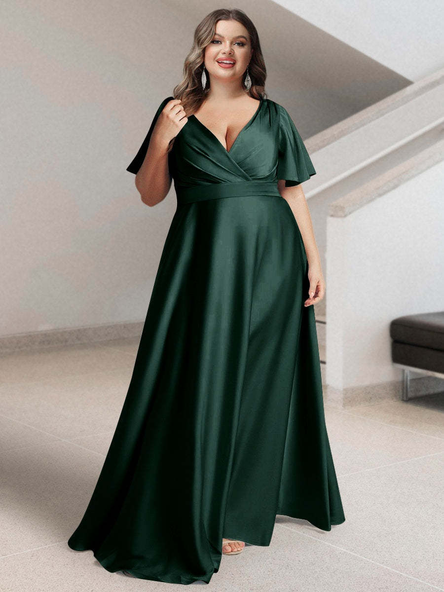 Plus Size Silk Satin Bridesmaid Dress with Pockets – A-Line Princess V-Neck Short Sleeves