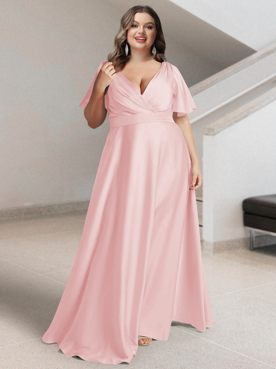 Plus Size Silk Satin Bridesmaid Dress with Pockets – A-Line Princess V-Neck Short Sleeves