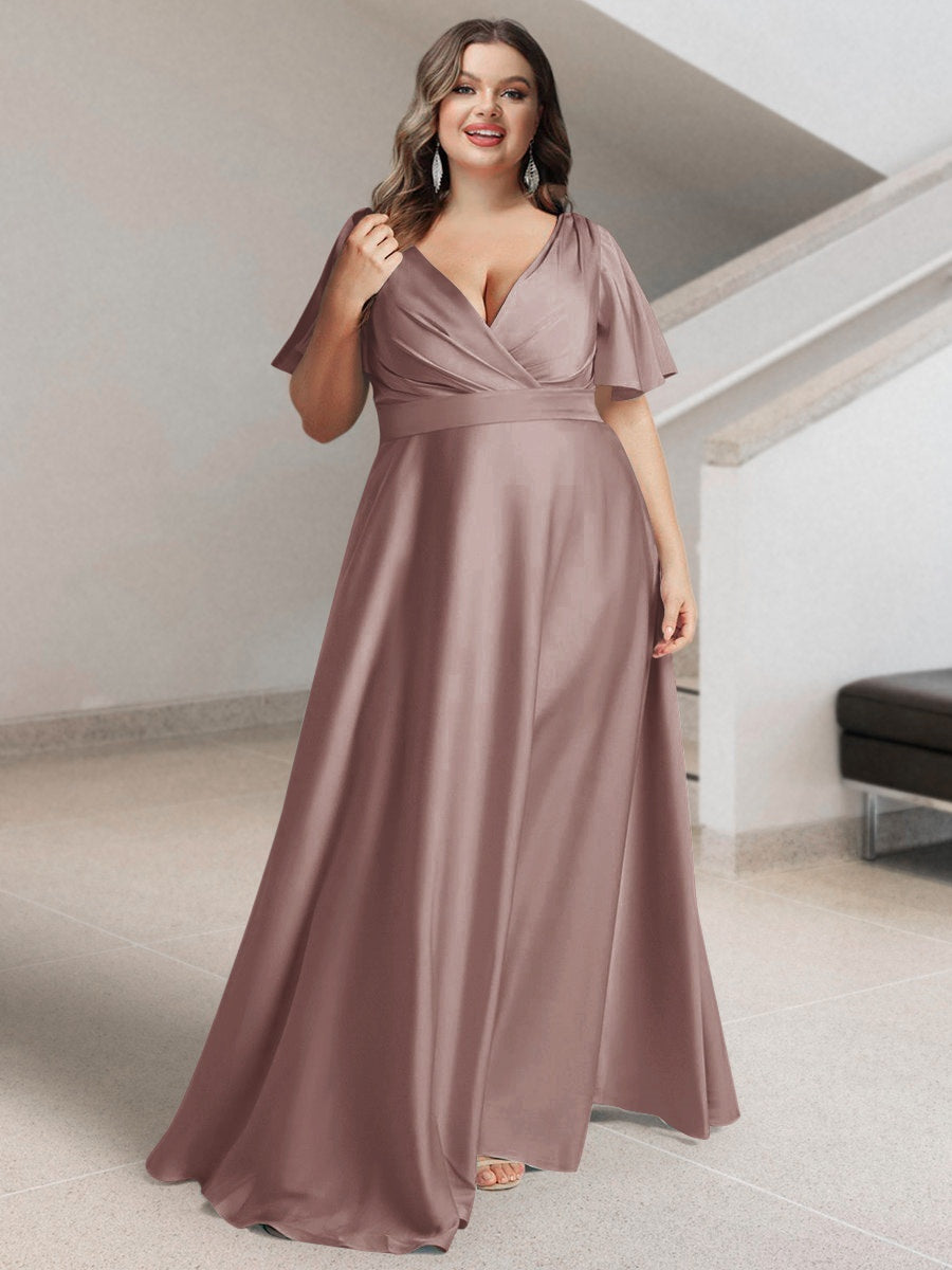Plus Size Silk Satin Bridesmaid Dress with Pockets – A-Line Princess V-Neck Short Sleeves