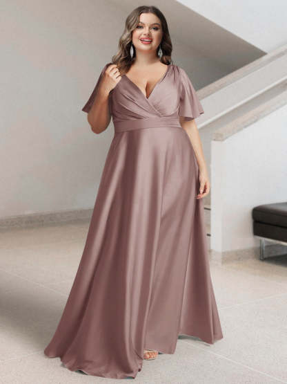 Plus Size Silk Satin Bridesmaid Dress with Pockets – A-Line Princess V-Neck Short Sleeves
