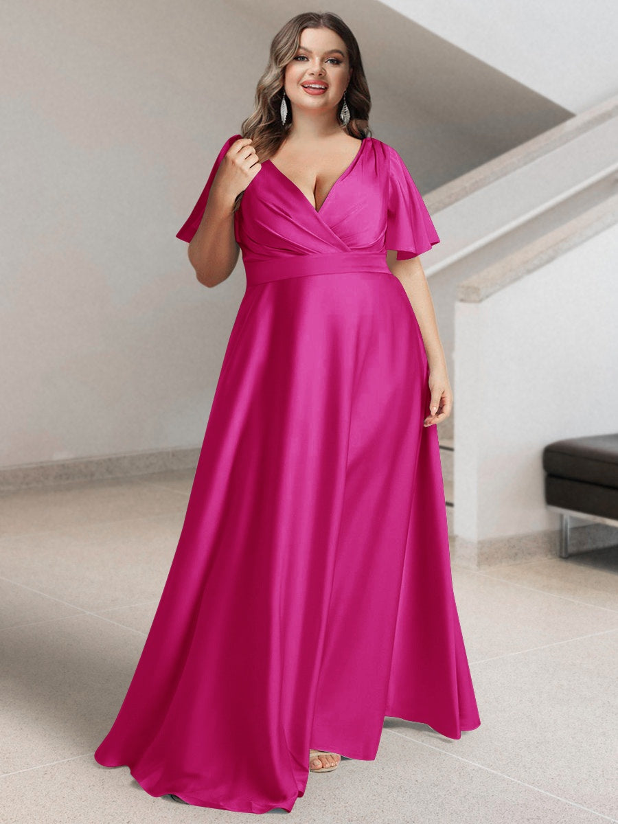 Plus Size Silk Satin Bridesmaid Dress with Pockets – A-Line Princess V-Neck Short Sleeves