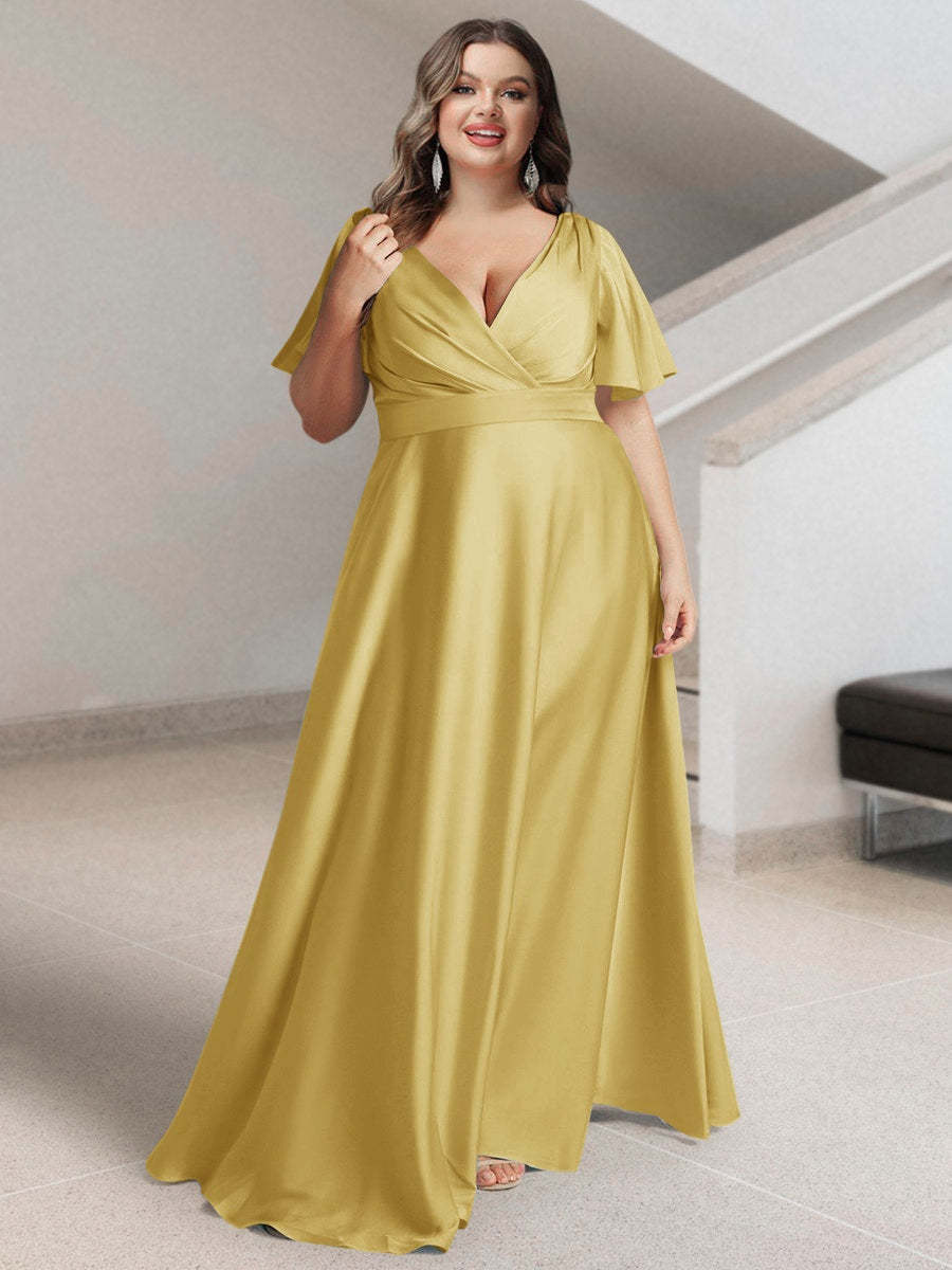 Plus Size Silk Satin Bridesmaid Dress with Pockets – A-Line Princess V-Neck Short Sleeves
