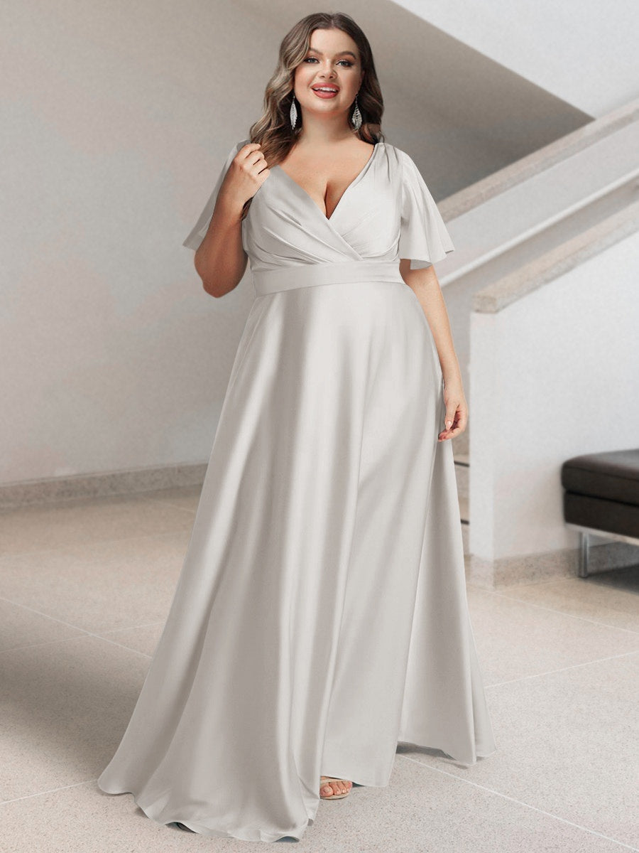 Plus Size Silk Satin Bridesmaid Dress with Pockets – A-Line Princess V-Neck Short Sleeves
