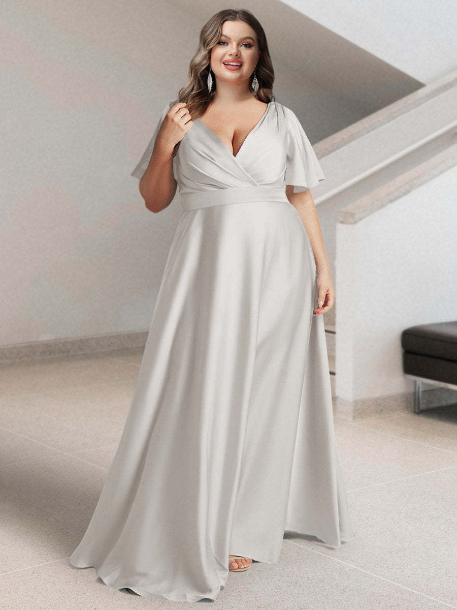 Plus Size Silk Satin Bridesmaid Dress with Pockets – A-Line Princess V-Neck Short Sleeves