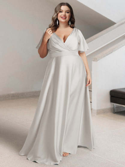 Plus Size Silk Satin Bridesmaid Dress with Pockets – A-Line Princess V-Neck Short Sleeves