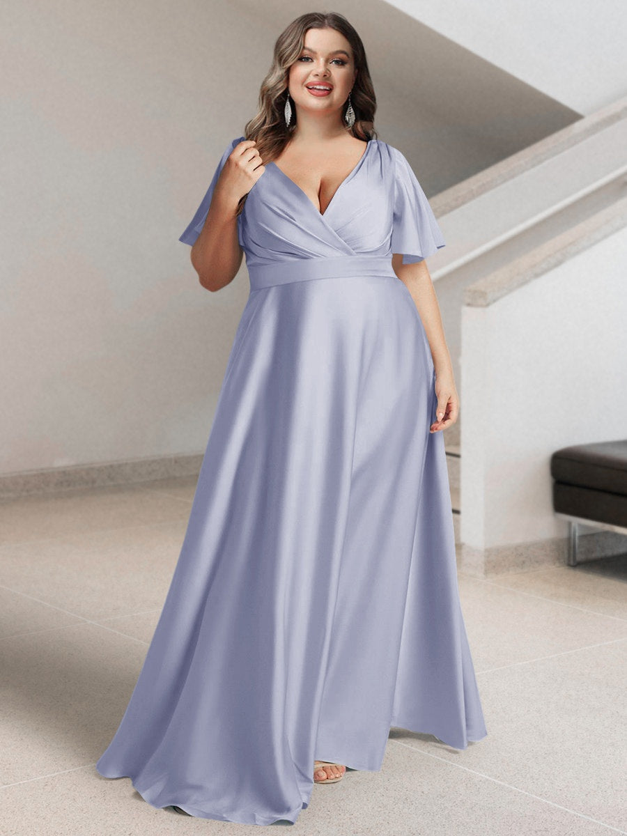 Plus Size Silk Satin Bridesmaid Dress with Pockets – A-Line Princess V-Neck Short Sleeves