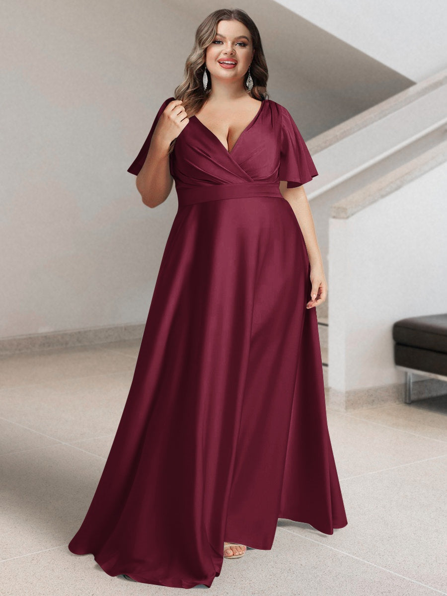 Plus Size Silk Satin Bridesmaid Dress with Pockets – A-Line Princess V-Neck Short Sleeves