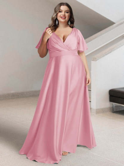 Plus Size Silk Satin Bridesmaid Dress with Pockets – A-Line Princess V-Neck Short Sleeves
