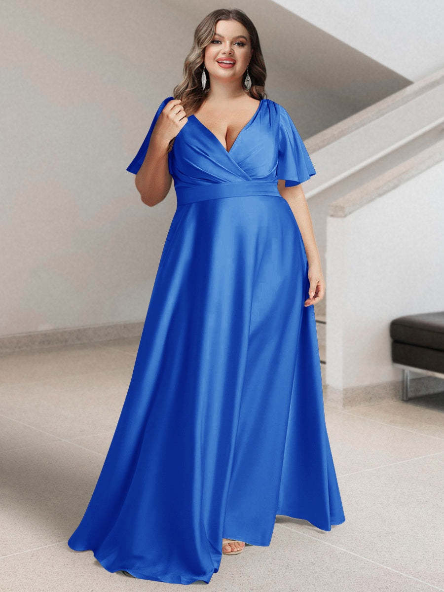 Plus Size Silk Satin Bridesmaid Dress with Pockets – A-Line Princess V-Neck Short Sleeves