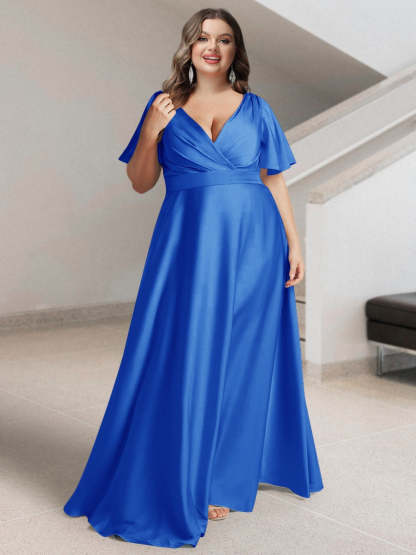 Plus Size Silk Satin Bridesmaid Dress with Pockets – A-Line Princess V-Neck Short Sleeves