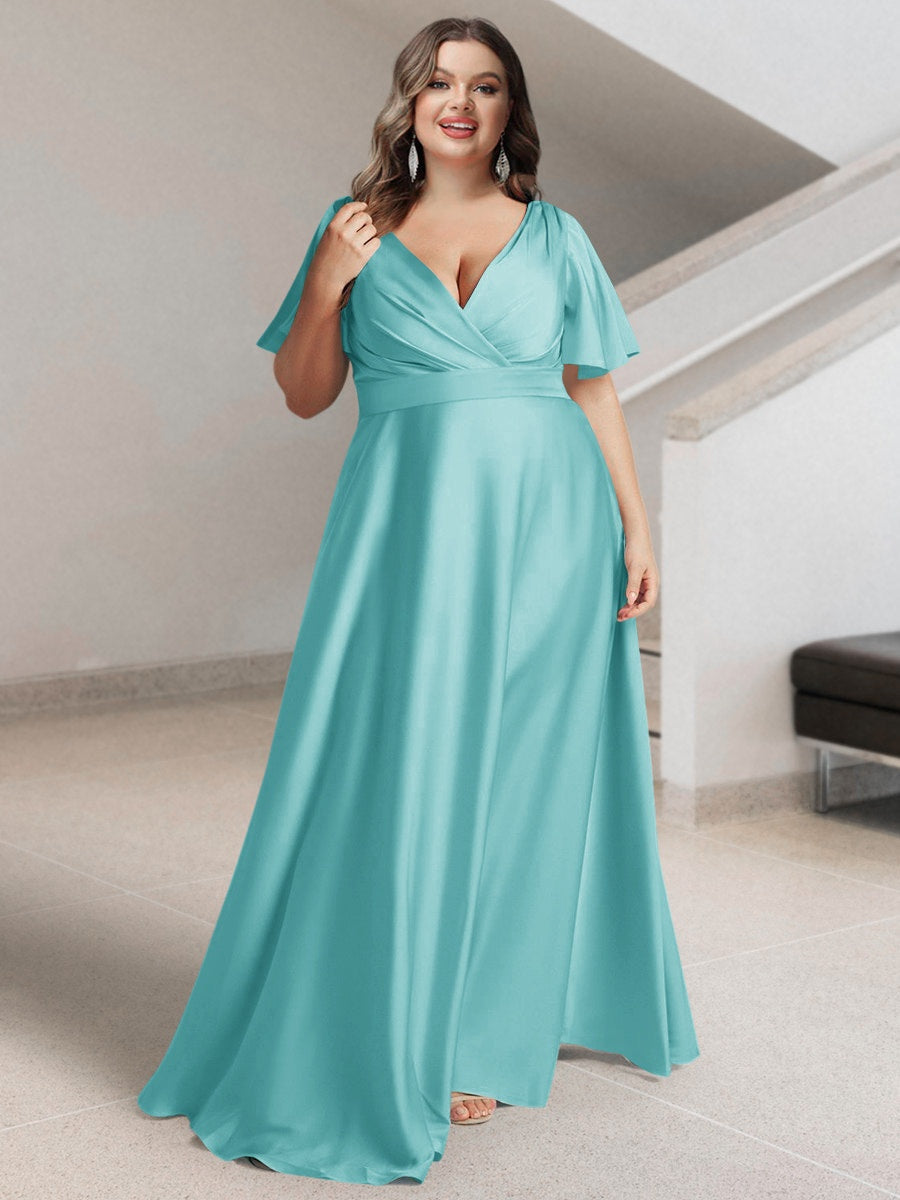 Plus Size Silk Satin Bridesmaid Dress with Pockets – A-Line Princess V-Neck Short Sleeves