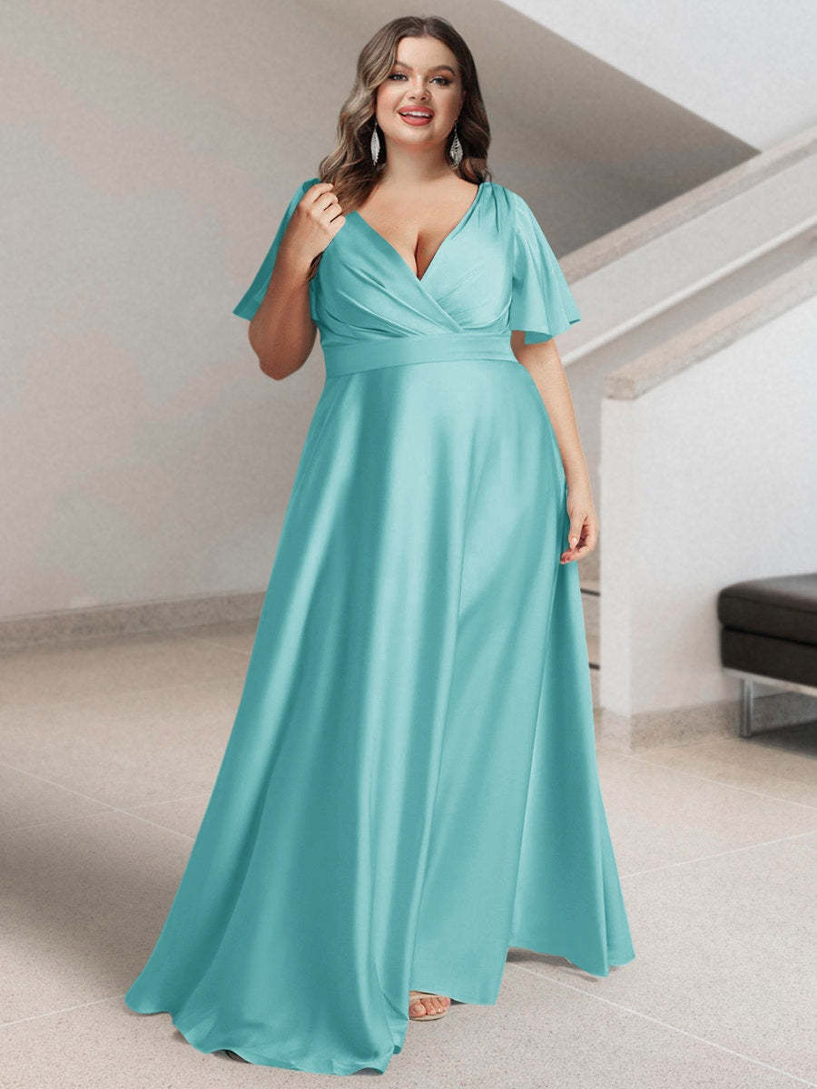 Plus Size Silk Satin Bridesmaid Dress with Pockets – A-Line Princess V-Neck Short Sleeves
