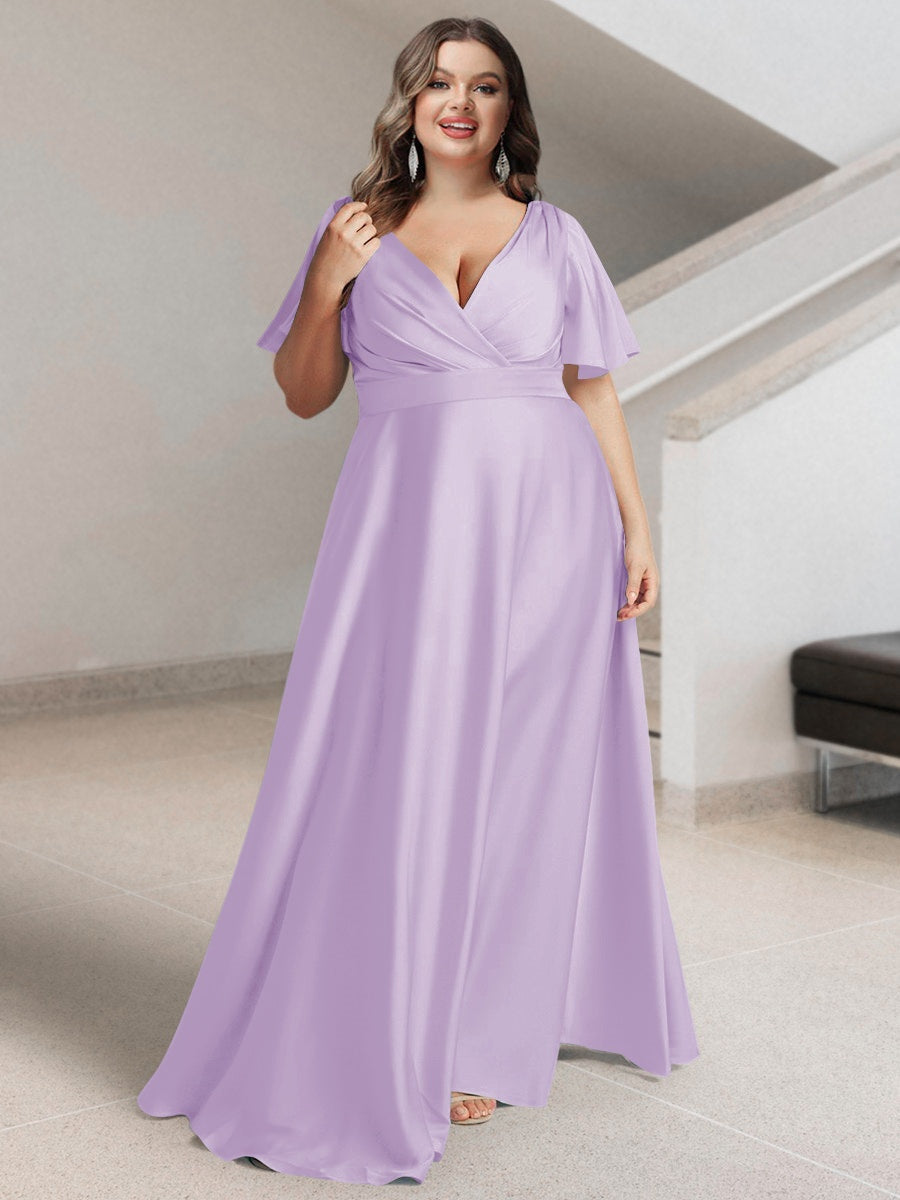 Plus Size Silk Satin Bridesmaid Dress with Pockets – A-Line Princess V-Neck Short Sleeves