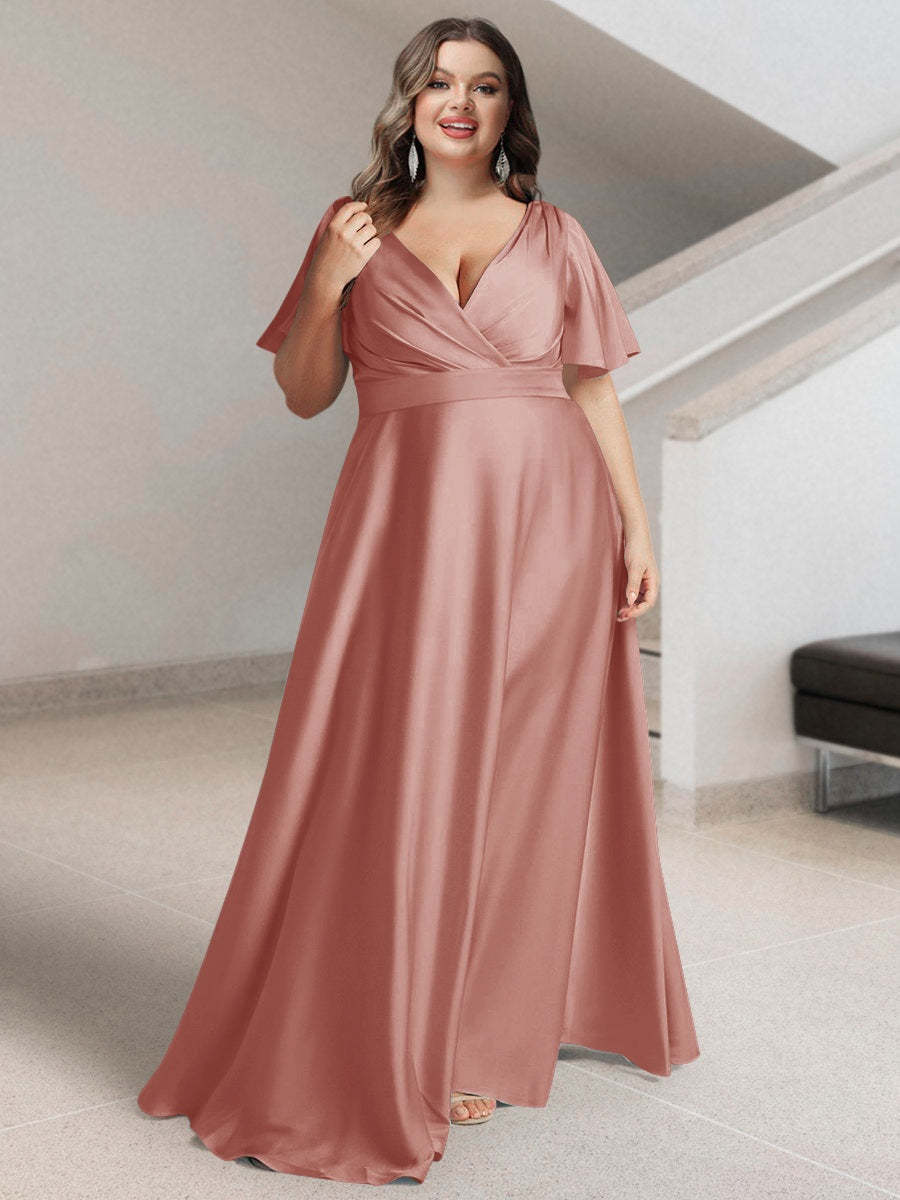 Plus Size Silk Satin Bridesmaid Dress with Pockets – A-Line Princess V-Neck Short Sleeves