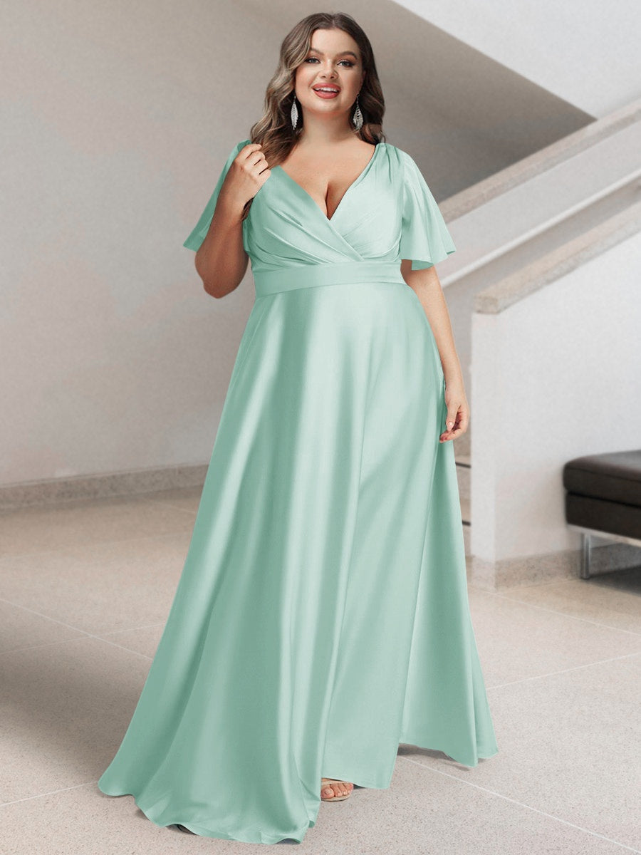 Plus Size Silk Satin Bridesmaid Dress with Pockets – A-Line Princess V-Neck Short Sleeves