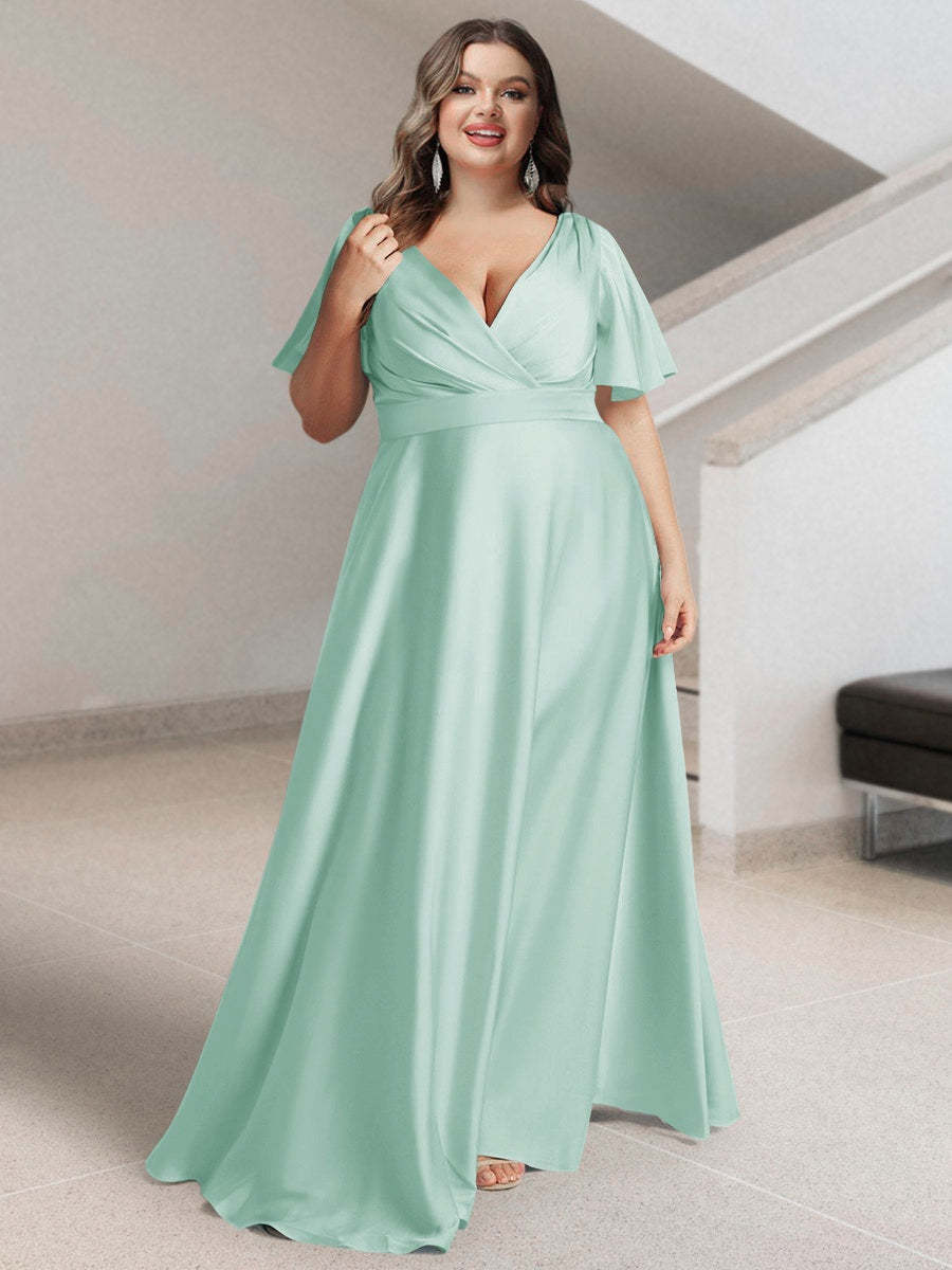 Plus Size Silk Satin Bridesmaid Dress with Pockets – A-Line Princess V-Neck Short Sleeves