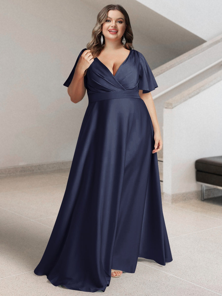 Plus Size Silk Satin Bridesmaid Dress with Pockets – A-Line Princess V-Neck Short Sleeves