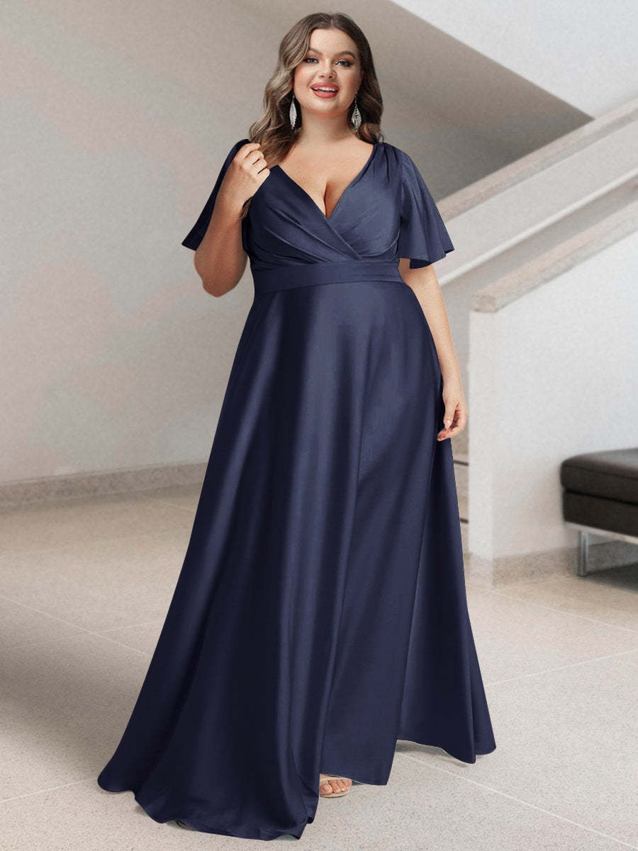 Plus Size Silk Satin Bridesmaid Dress with Pockets – A-Line Princess V-Neck Short Sleeves