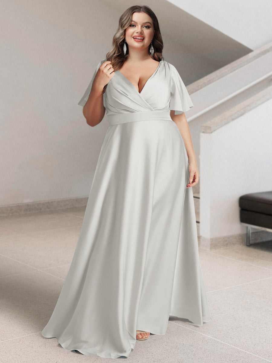 Plus Size Silk Satin Bridesmaid Dress with Pockets – A-Line Princess V-Neck Short Sleeves