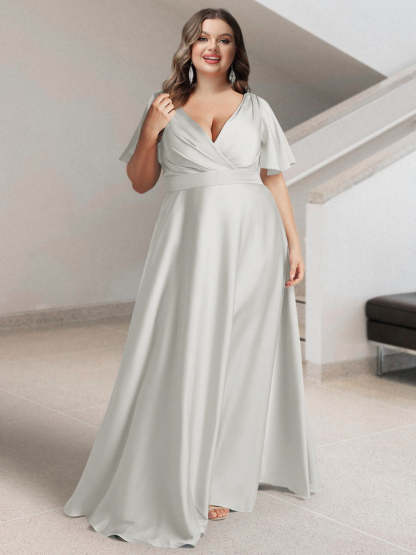 Plus Size Silk Satin Bridesmaid Dress with Pockets – A-Line Princess V-Neck Short Sleeves