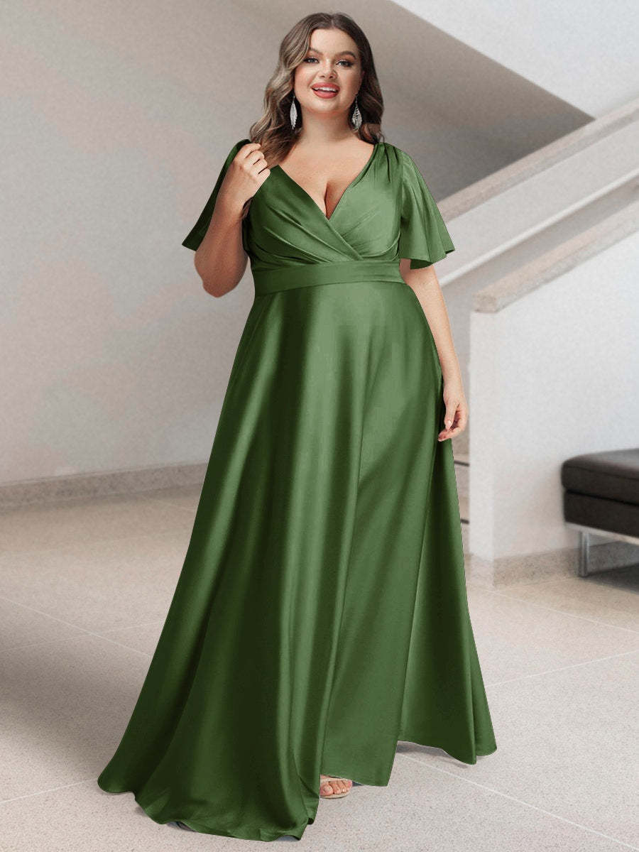 Plus Size Silk Satin Bridesmaid Dress with Pockets – A-Line Princess V-Neck Short Sleeves