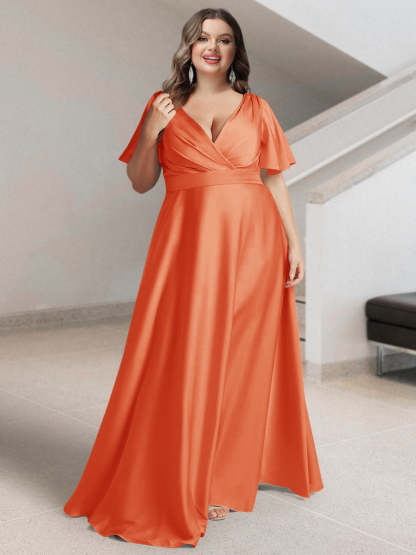 Plus Size Silk Satin Bridesmaid Dress with Pockets – A-Line Princess V-Neck Short Sleeves