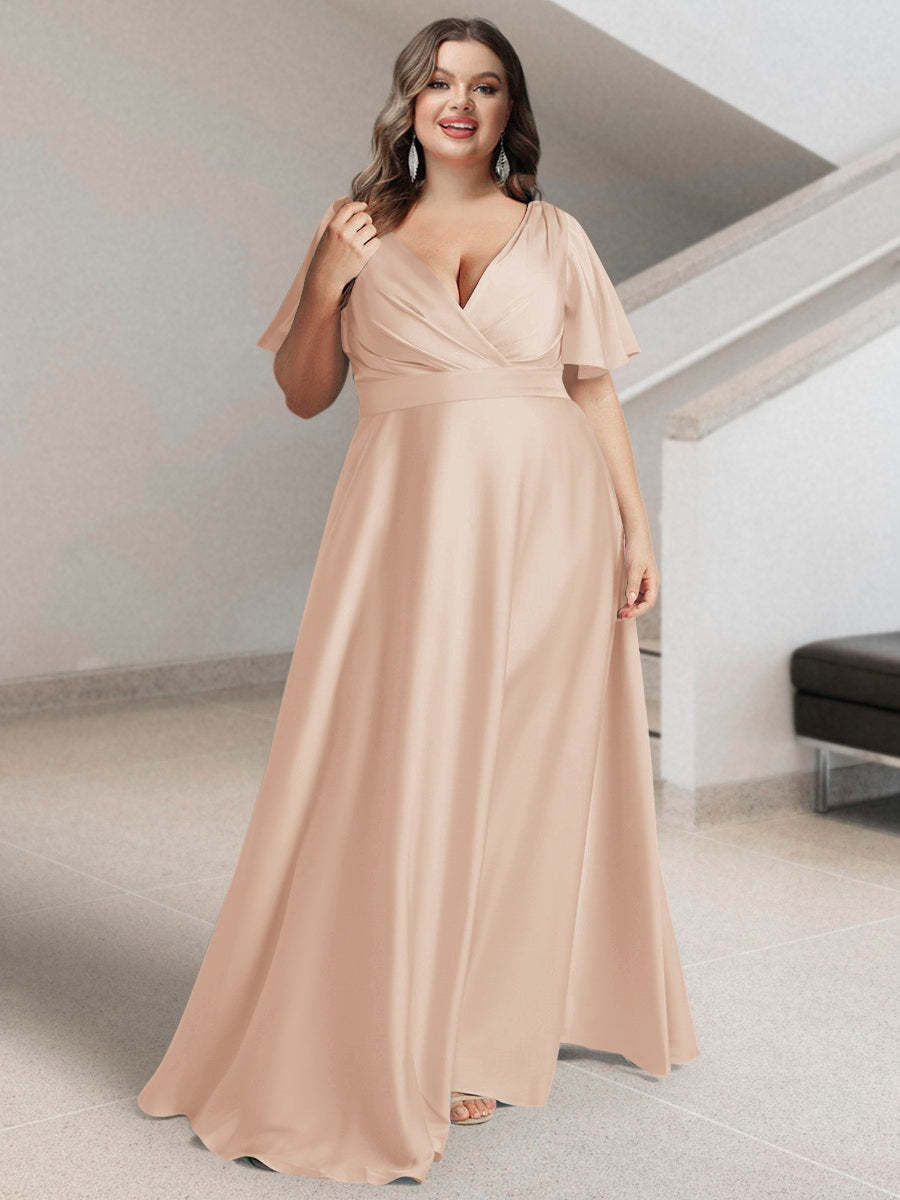 Plus Size Silk Satin Bridesmaid Dress with Pockets – A-Line Princess V-Neck Short Sleeves