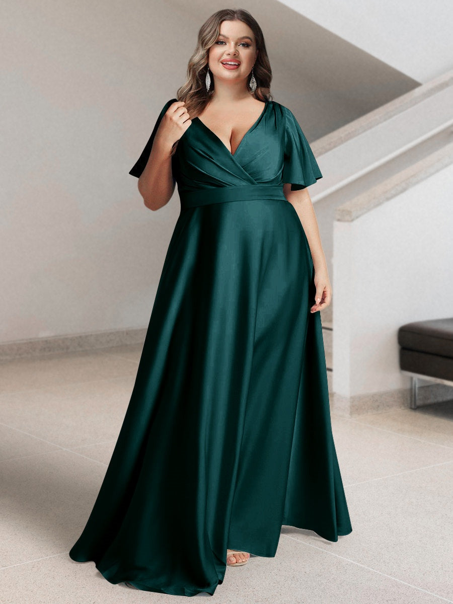 Plus Size Silk Satin Bridesmaid Dress with Pockets – A-Line Princess V-Neck Short Sleeves