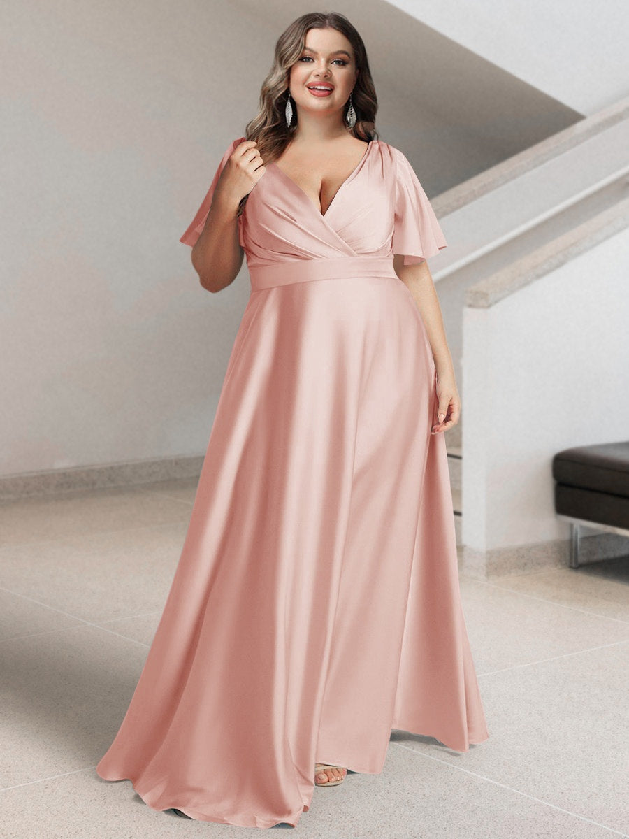 Plus Size Silk Satin Bridesmaid Dress with Pockets – A-Line Princess V-Neck Short Sleeves