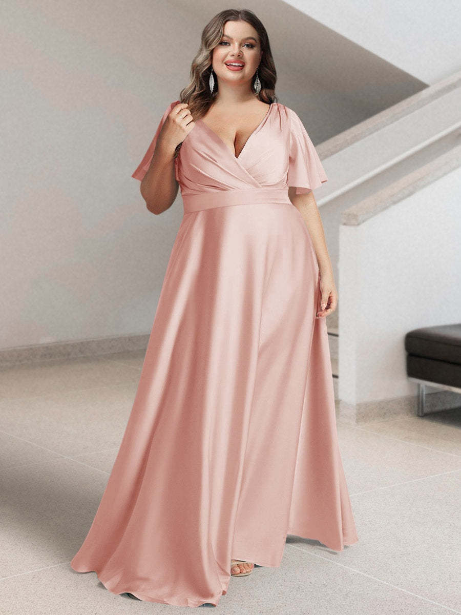 Plus Size Silk Satin Bridesmaid Dress with Pockets – A-Line Princess V-Neck Short Sleeves