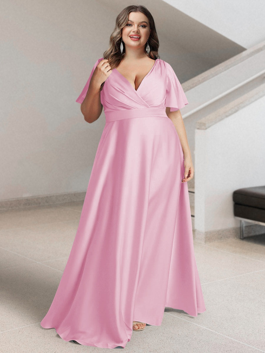 Plus Size Silk Satin Bridesmaid Dress with Pockets – A-Line Princess V-Neck Short Sleeves