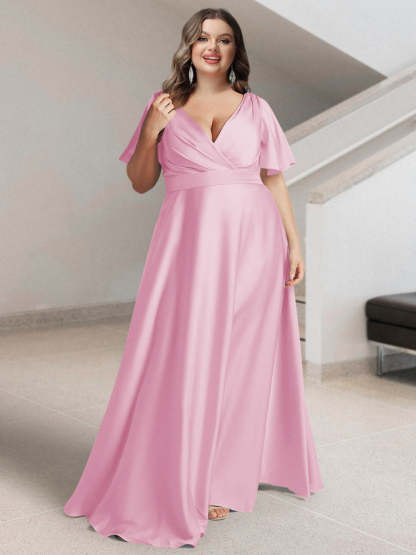Plus Size Silk Satin Bridesmaid Dress with Pockets – A-Line Princess V-Neck Short Sleeves