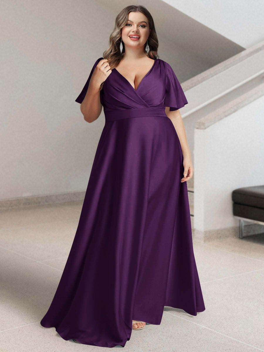 Plus Size Silk Satin Bridesmaid Dress with Pockets – A-Line Princess V-Neck Short Sleeves
