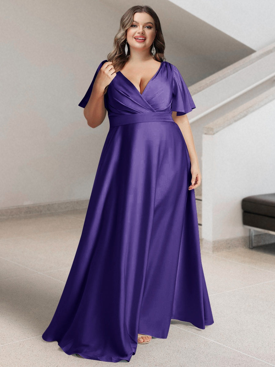 Plus Size Silk Satin Bridesmaid Dress with Pockets – A-Line Princess V-Neck Short Sleeves