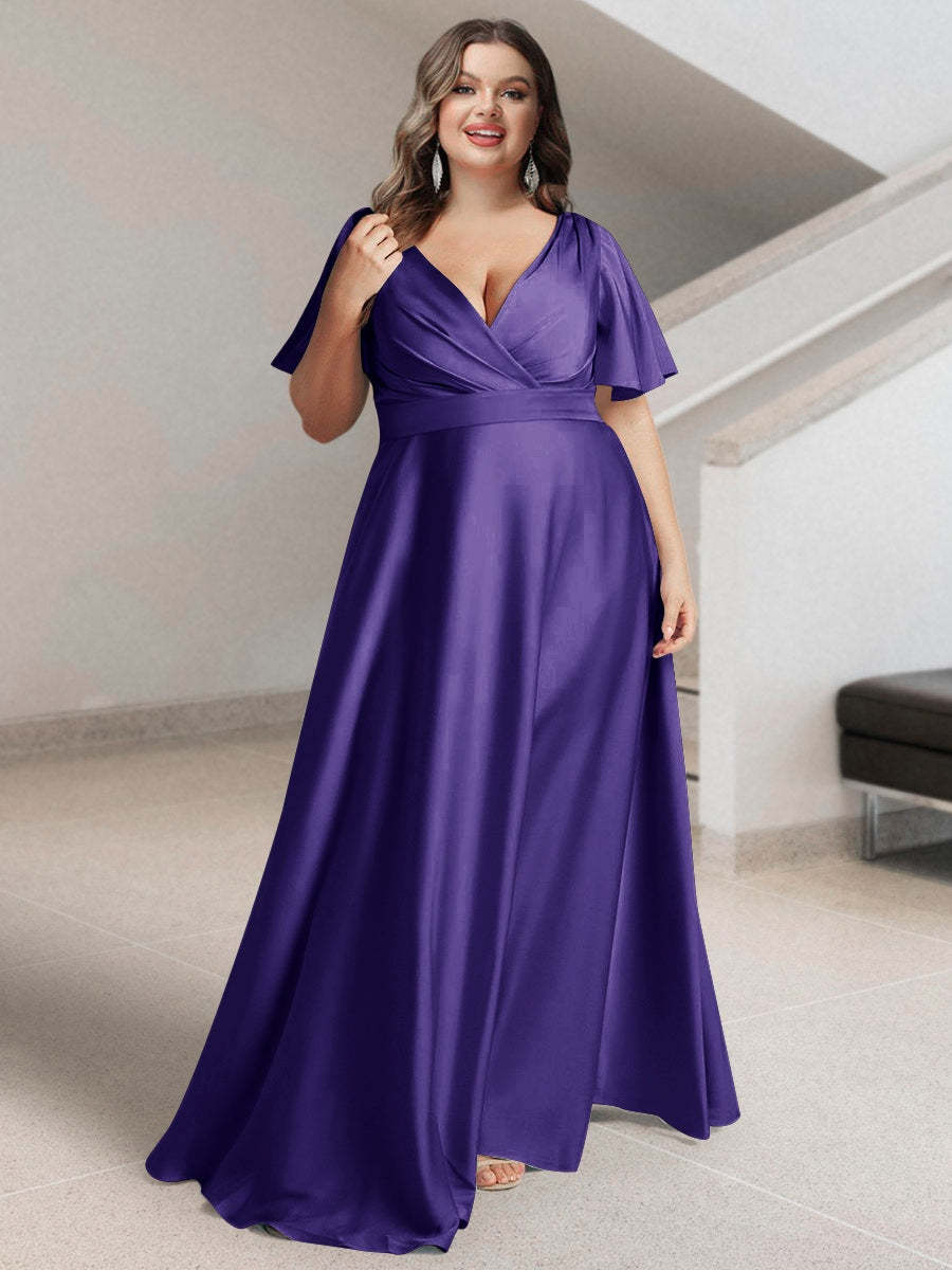 Plus Size Silk Satin Bridesmaid Dress with Pockets – A-Line Princess V-Neck Short Sleeves