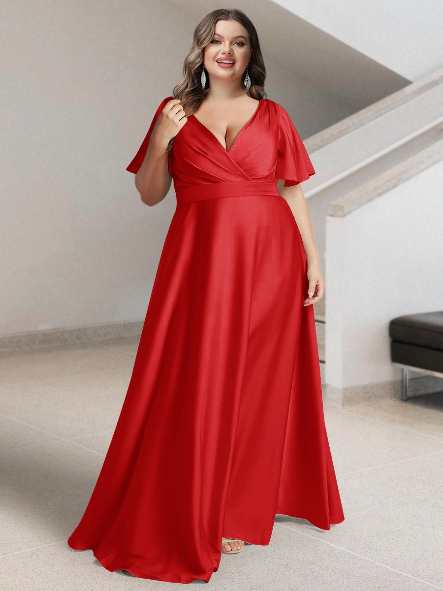 Plus Size Silk Satin Bridesmaid Dress with Pockets – A-Line Princess V-Neck Short Sleeves